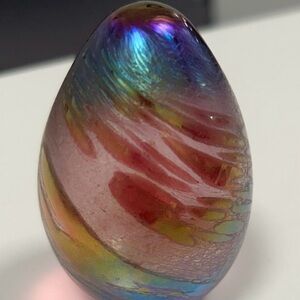 Signed Multicolored 1989 OBG Glass Paperweight Swirl Pattern with Base